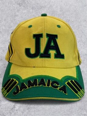 Vintage Jamaica Snapback Hat Yellow Green Embroidered JA Cap Strapback